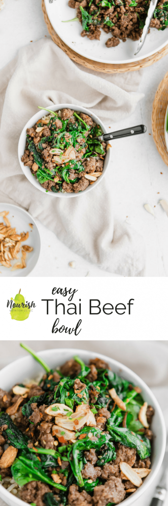 Thai Beef Bowl with ingredients on a table with text overlay