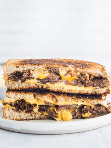brisket grilled cheese sandwich on a plate